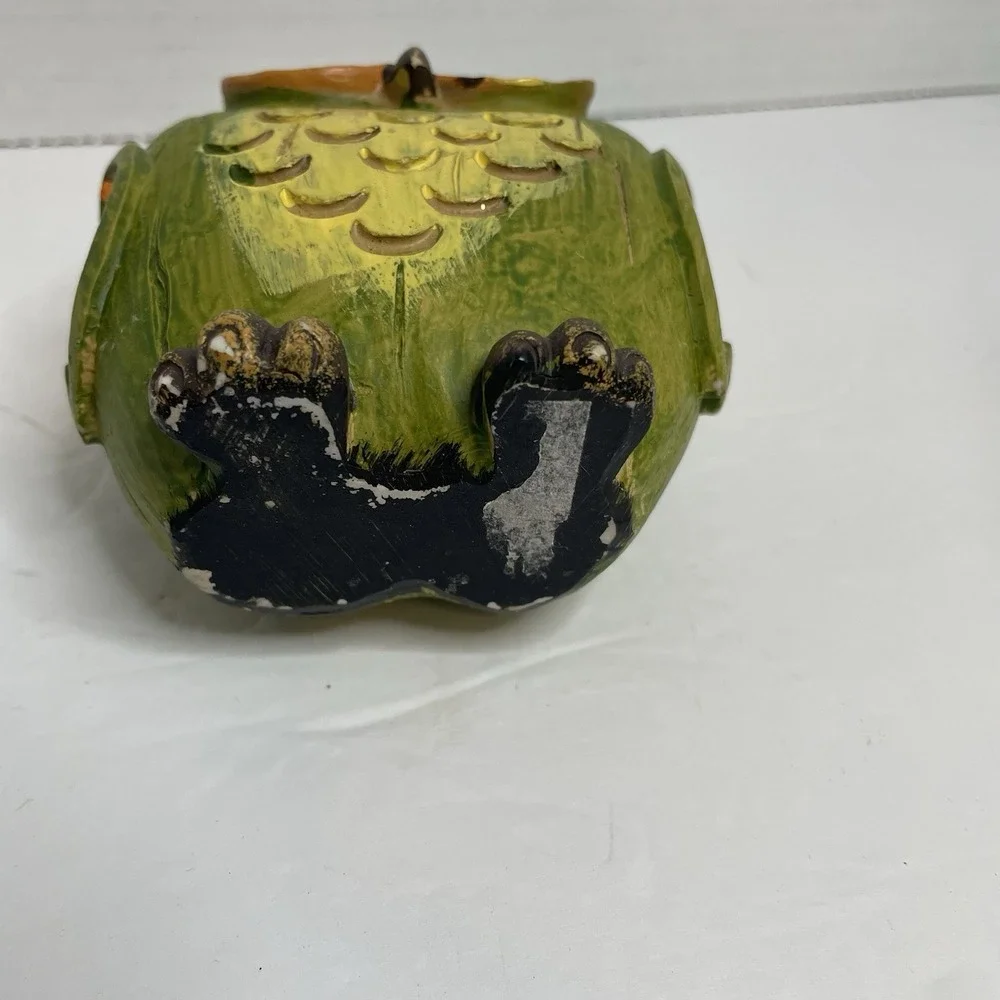 OWL Apple Shaped Wood Resin Figurine Green Glitter Wings Textured